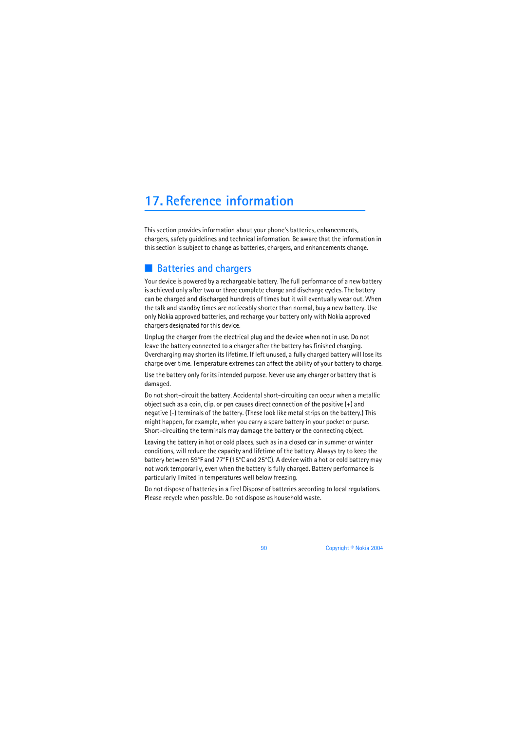 Nokia 6019i warranty Reference information, Batteries and chargers 