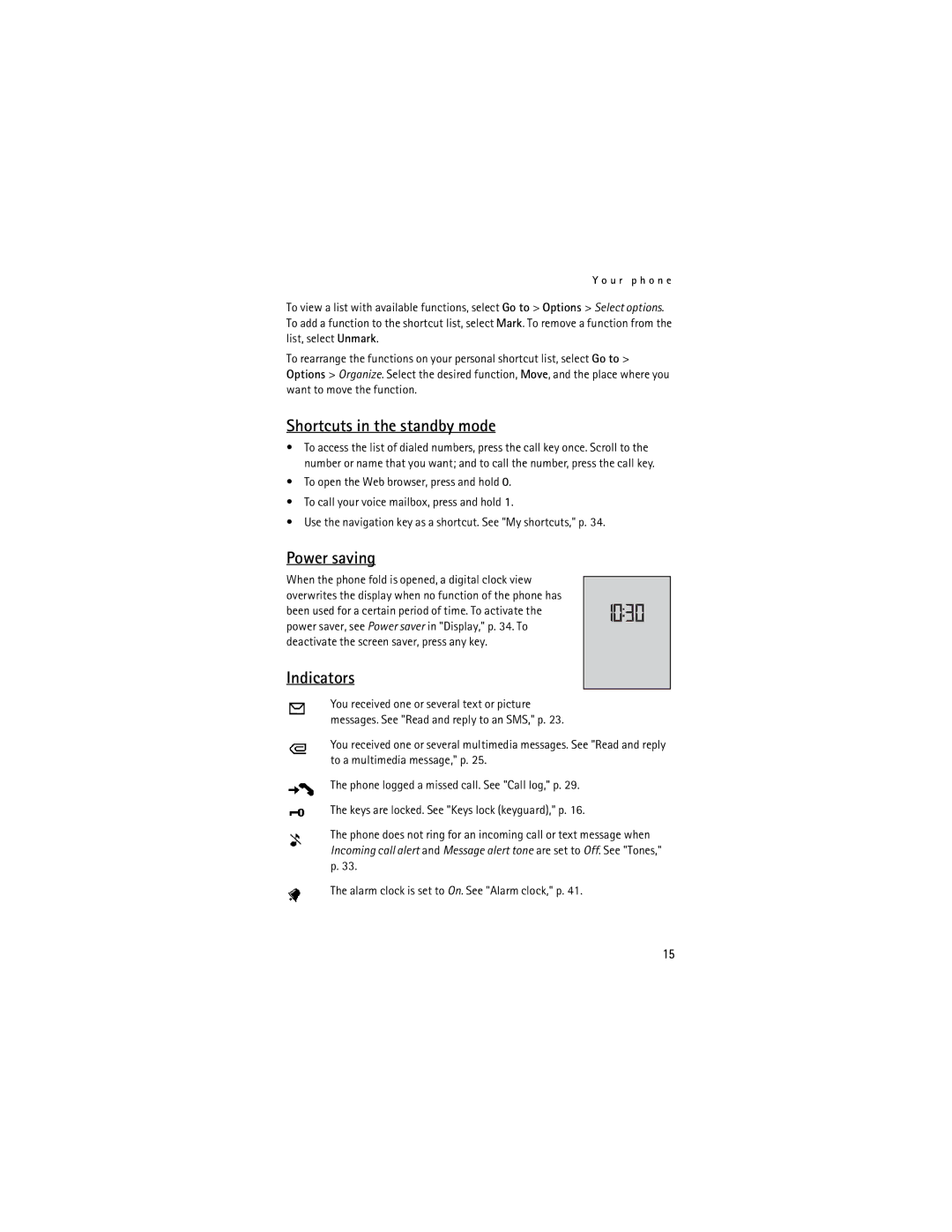 Nokia 6061, 6060 manual Shortcuts in the standby mode, Power saving, Indicators 