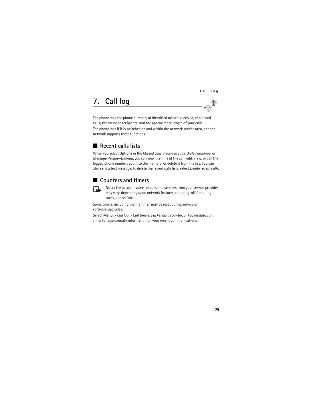 Nokia 6061, 6060 manual Call log, Recent calls lists, Counters and timers 