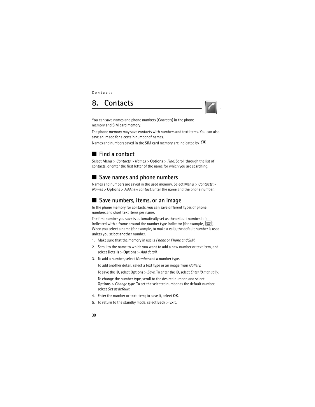 Nokia 6060, 6061 manual Contacts, Find a contact, Save names and phone numbers, Save numbers, items, or an image 