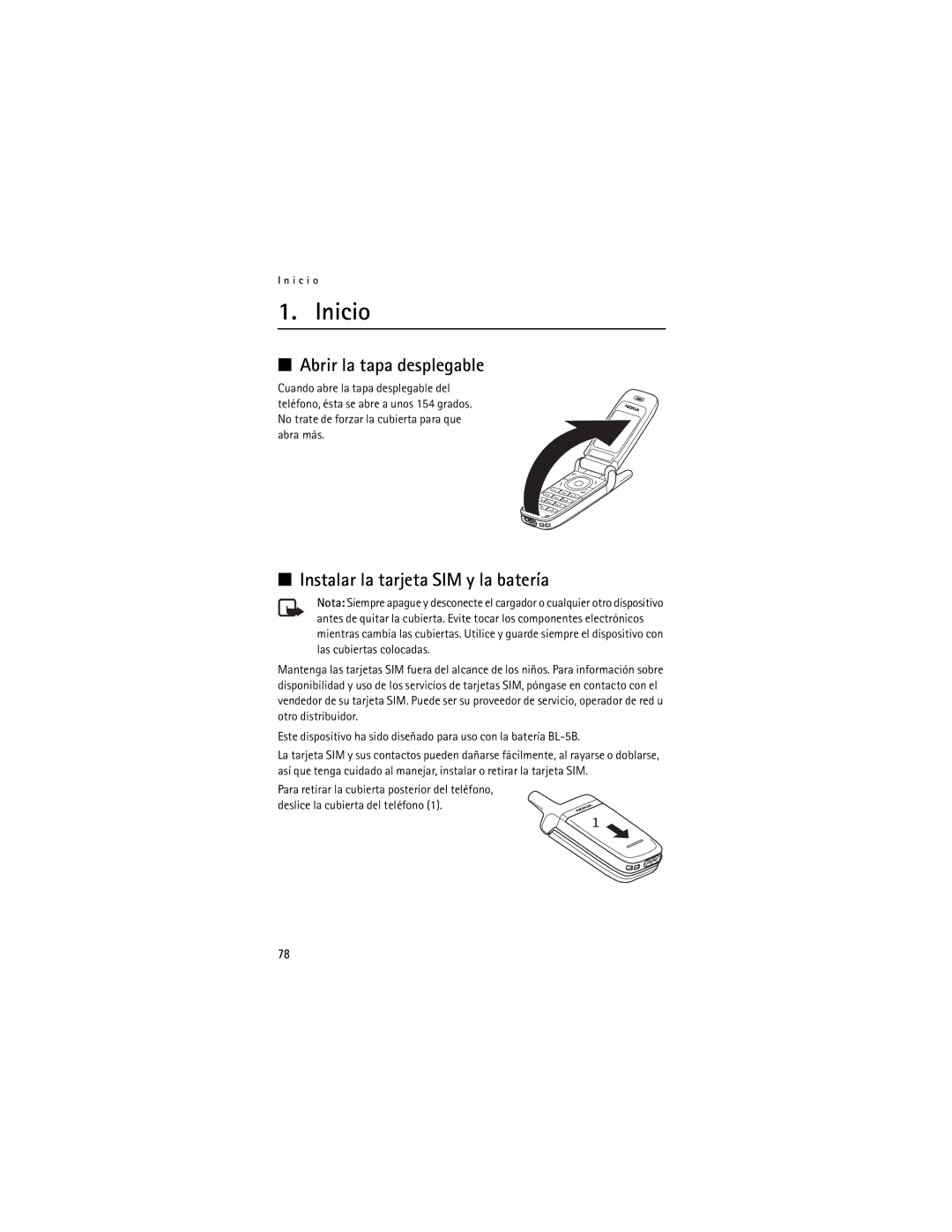 Nokia 6060, 6061 manual Inicio, Abrir la tapa desplegable, Instalar la tarjeta SIM y la batería 