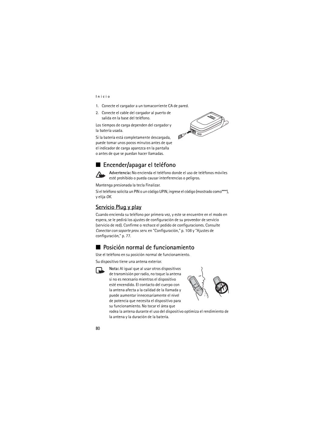 Nokia 6060, 6061 manual Encender/apagar el teléfono, Posición normal de funcionamiento, Servicio Plug y play 