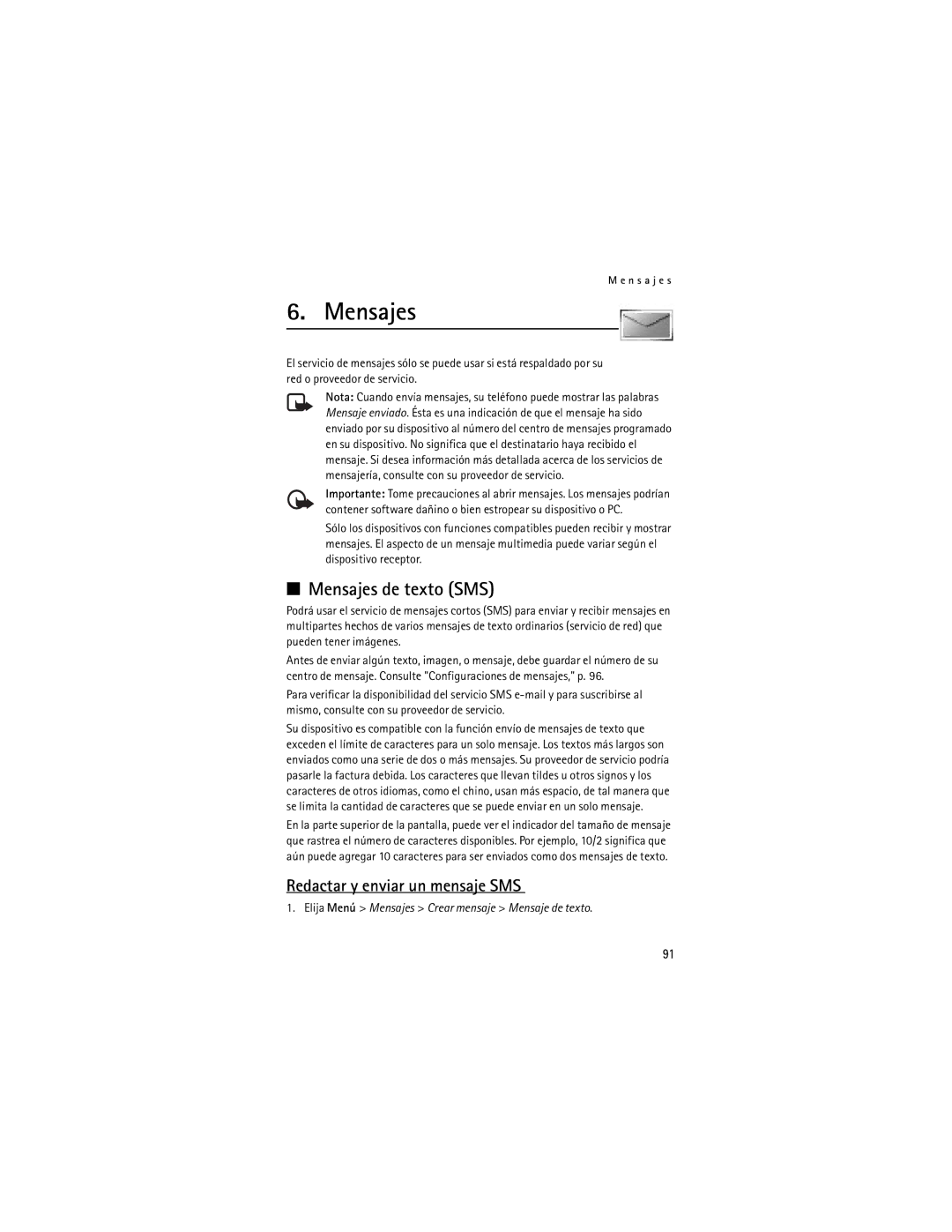 Nokia 6061 Mensajes de texto SMS, Redactar y enviar un mensaje SMS, Elija Menú Mensajes Crear mensaje Mensaje de texto 