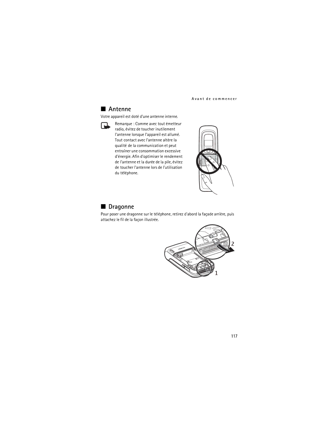 Nokia 6085 manual Antenne, Dragonne, 117, Votre appareil est doté dune antenne interne 