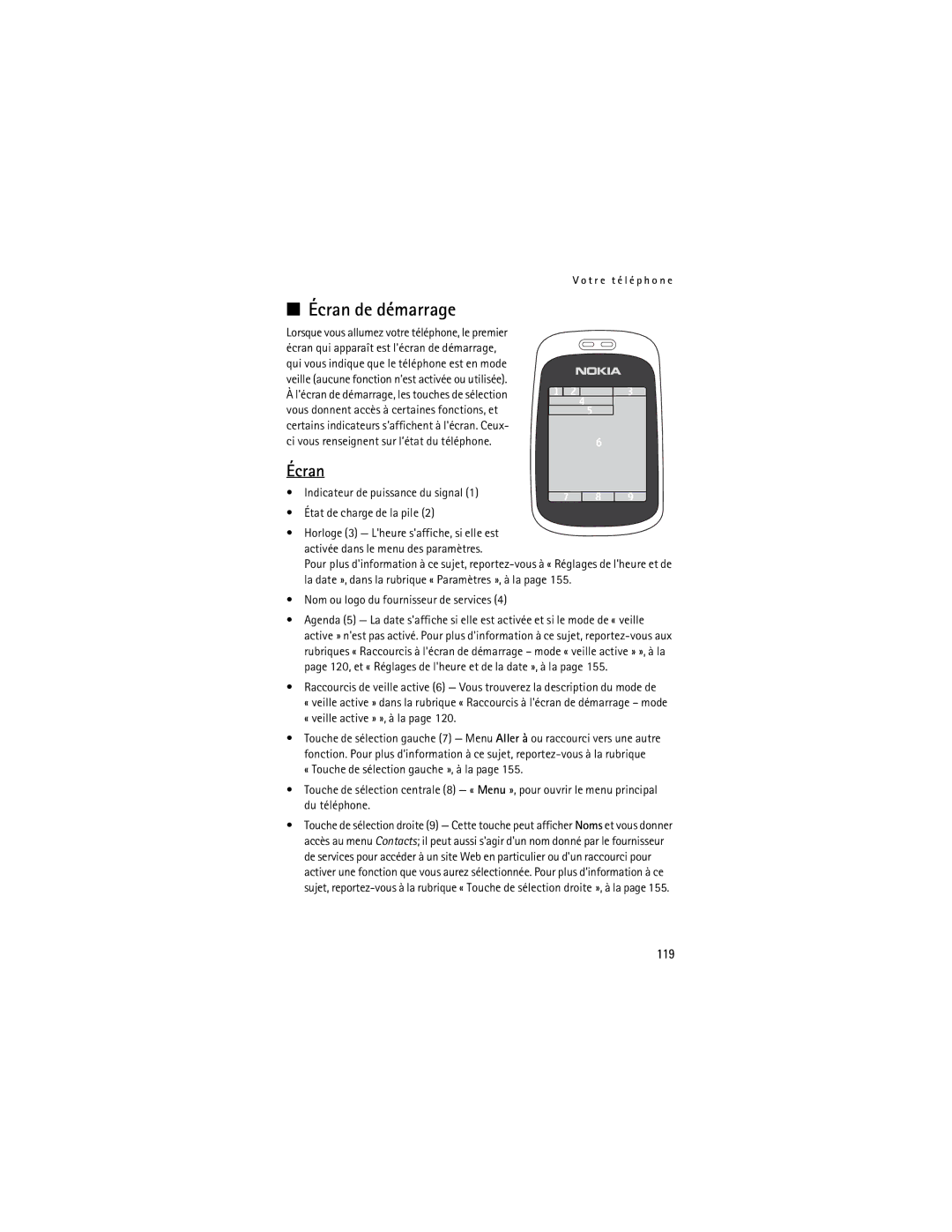 Nokia 6085 manual Écran de démarrage, 119, Indicateur de puissance du signal État de charge de la pile 