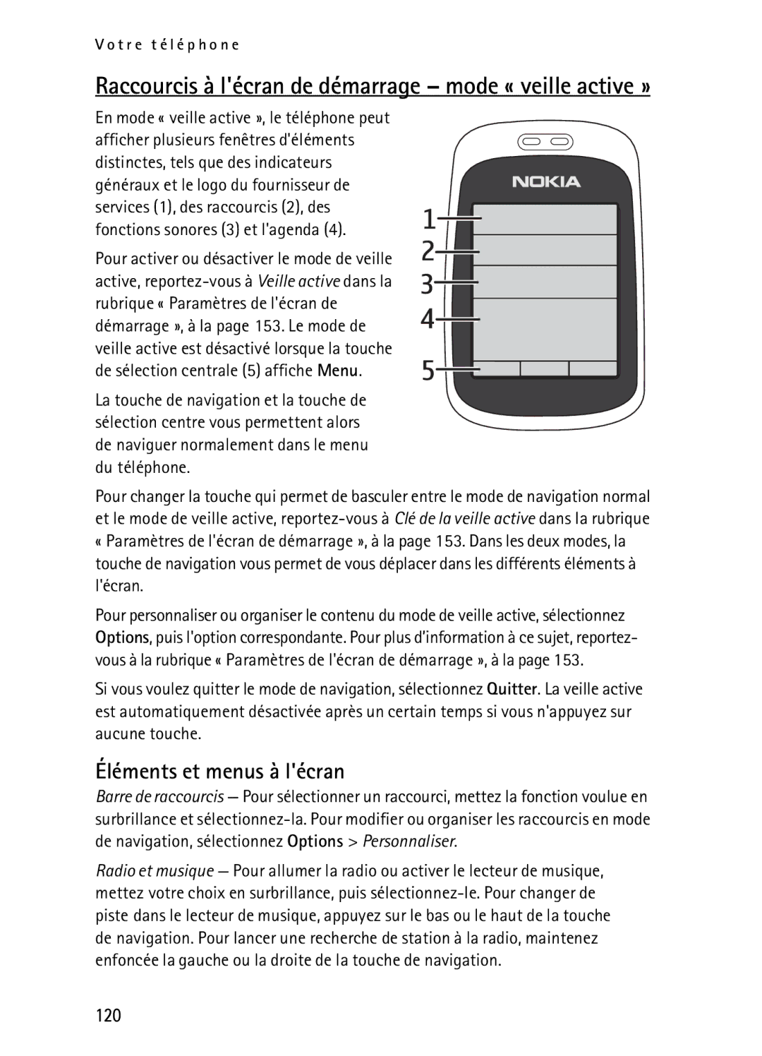 Nokia 6085 manual Raccourcis à lécran de démarrage mode « veille active », Éléments et menus à lécran, 120 