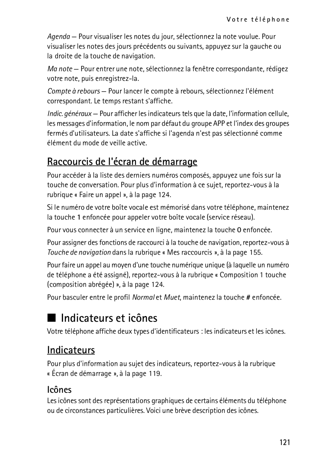 Nokia 6085 manual Indicateurs et icônes, Raccourcis de lécran de démarrage, Icônes, 121 