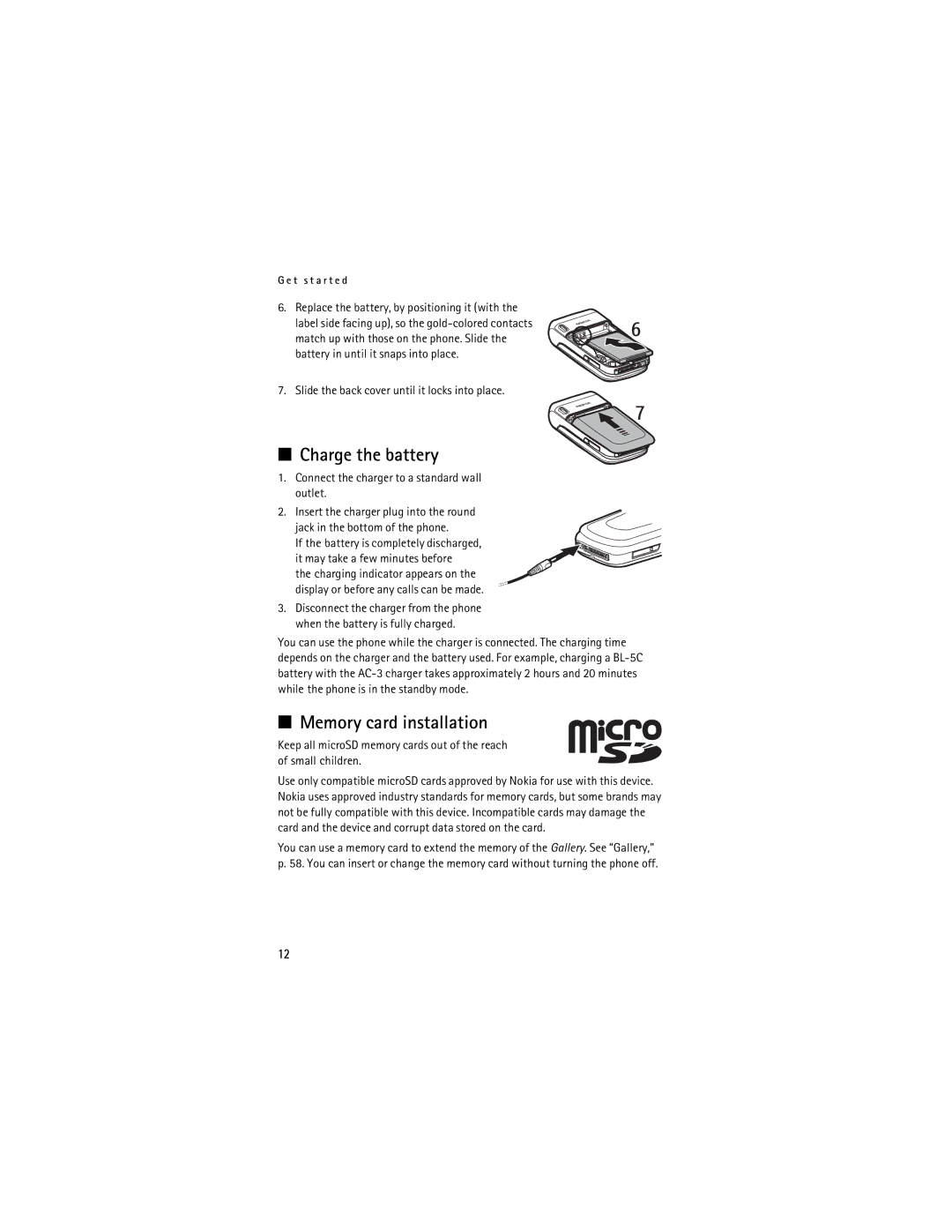 Nokia 6085 manual Charge the battery, Memory card installation, Slide the back cover until it locks into place 