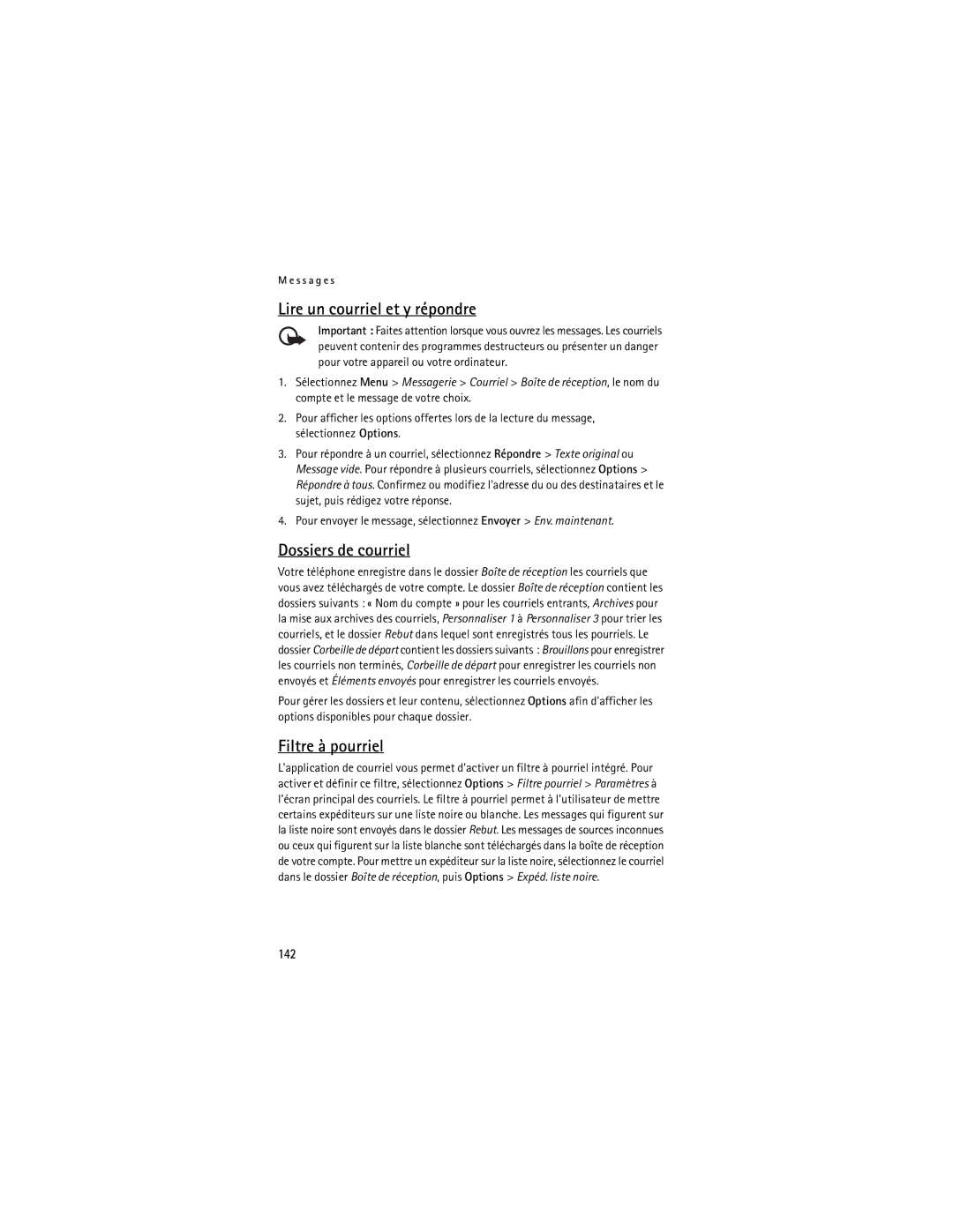Nokia 6085 manual Lire un courriel et y répondre, Dossiers de courriel, Filtre à pourriel, 142 