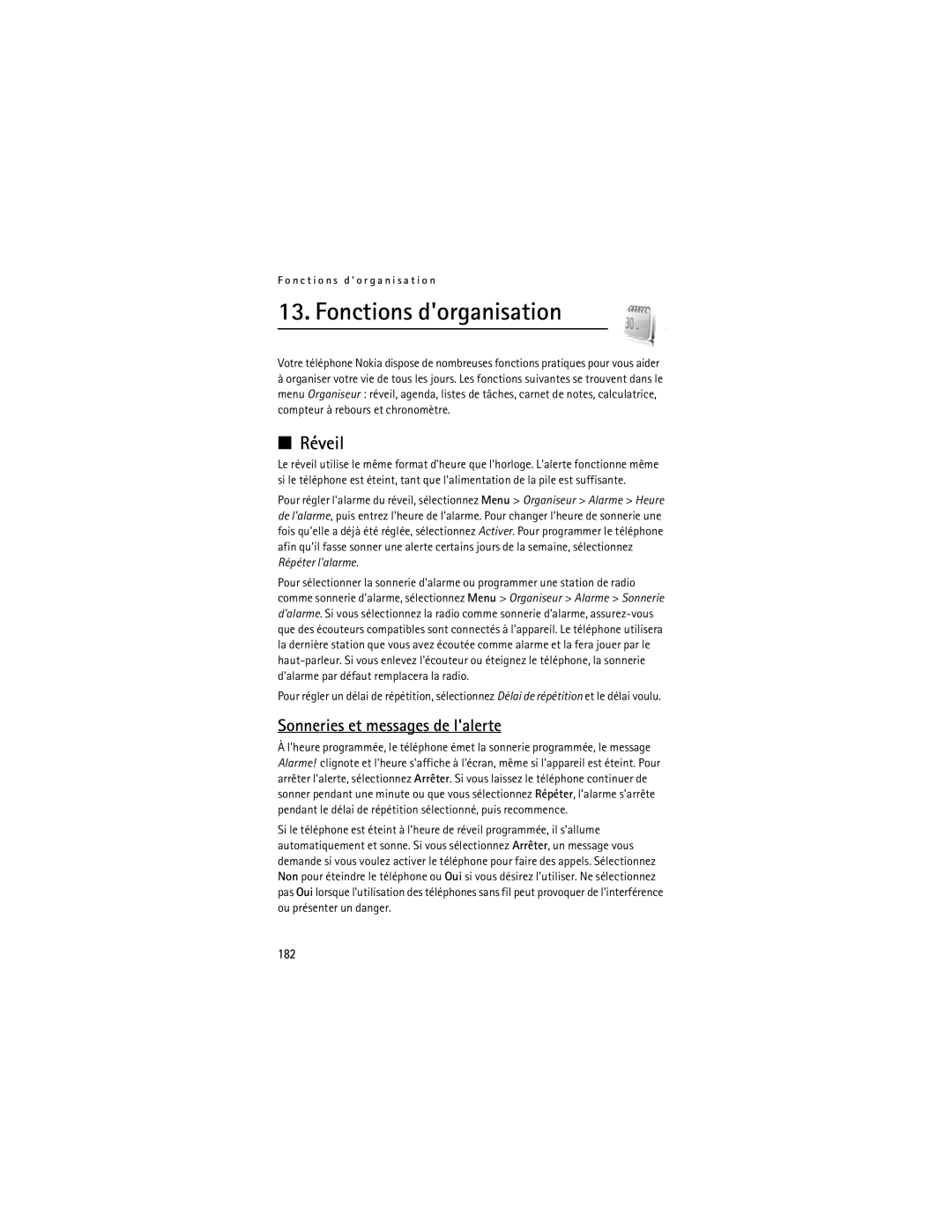 Nokia 6085 manual Fonctions dorganisation, Réveil, Sonneries et messages de lalerte, 182 