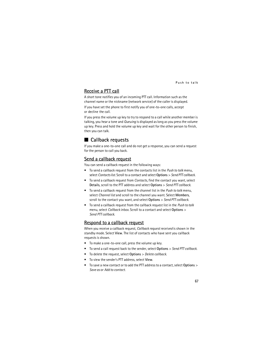 Nokia 6085 manual Callback requests, Receive a PTT call, Send a callback request, Respond to a callback request 