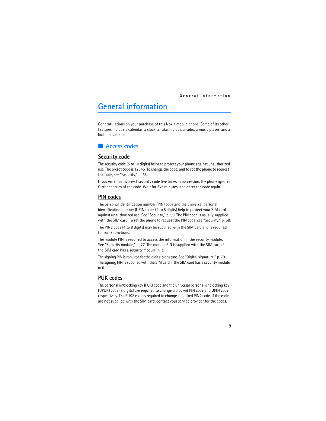 Nokia 6086i manual General information, Access codes, Security code, PIN codes, PUK codes 