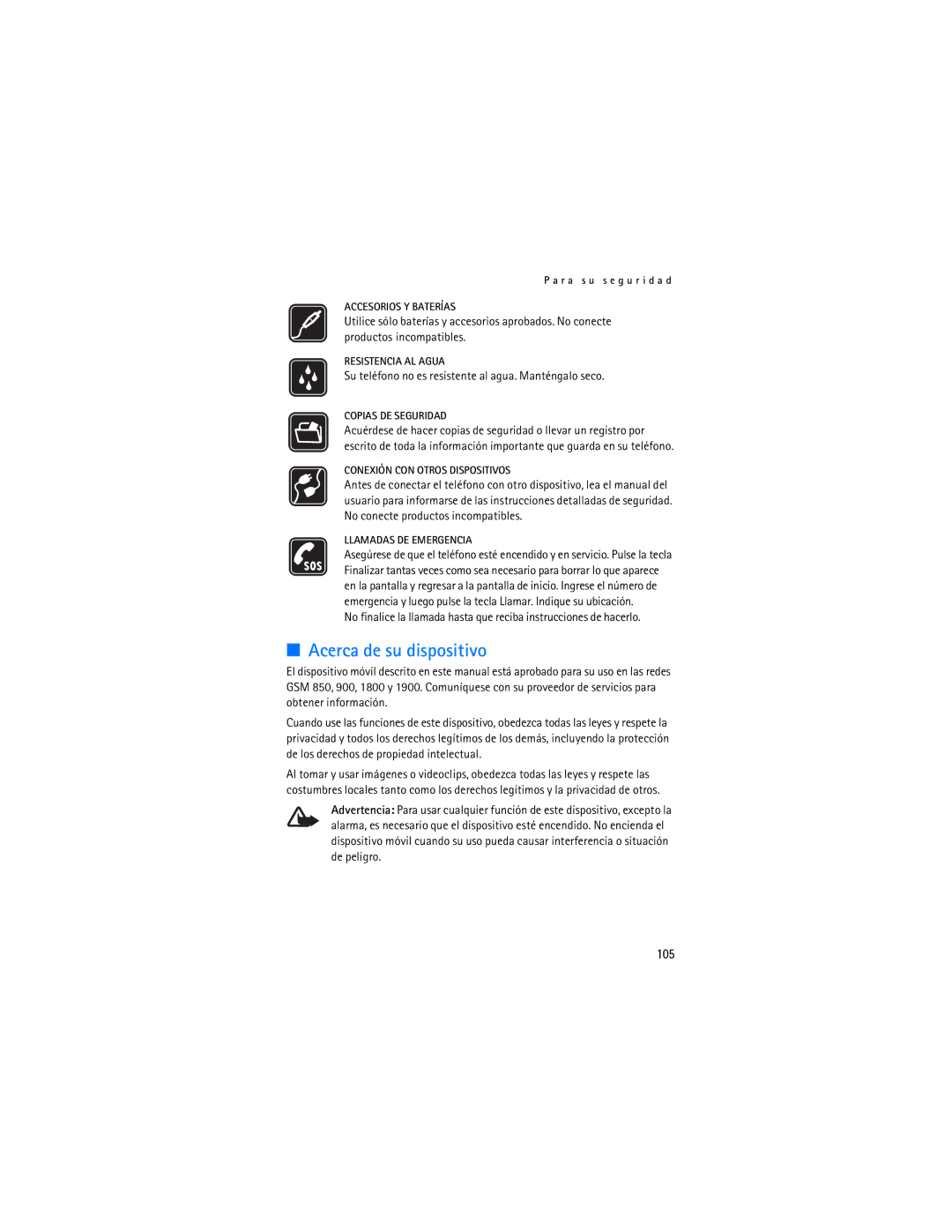 Nokia 6086i manual Acerca de su dispositivo, 105, Su teléfono no es resistente al agua. Manténgalo seco 