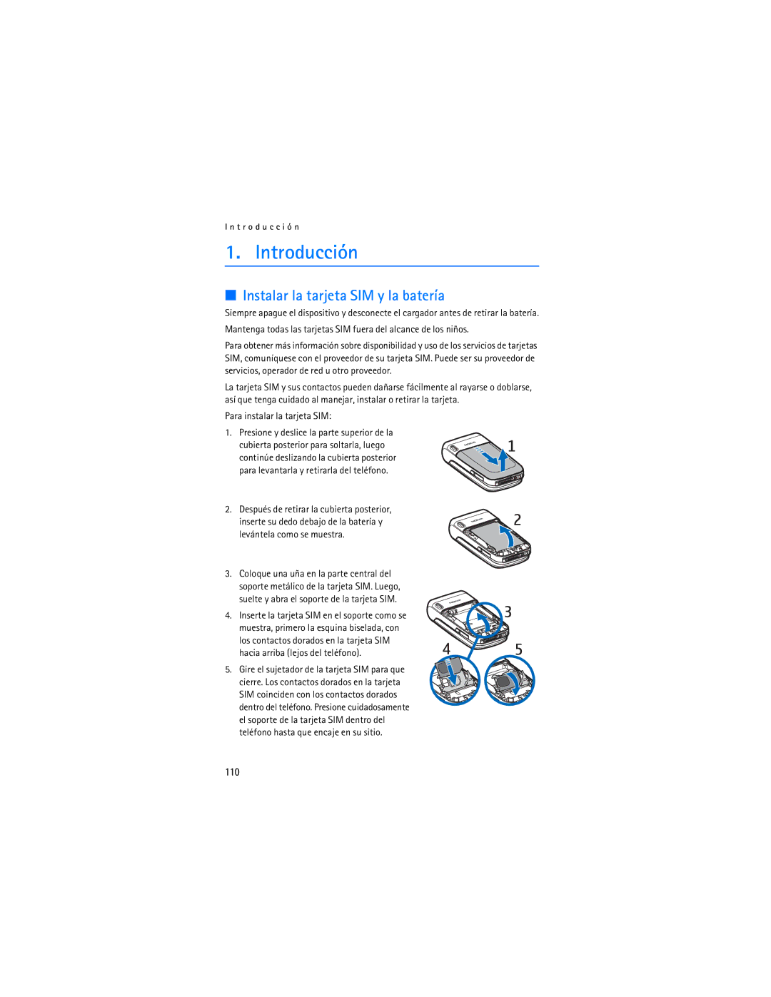 Nokia 6086i manual Introducción, Instalar la tarjeta SIM y la batería, 110, Para instalar la tarjeta SIM 