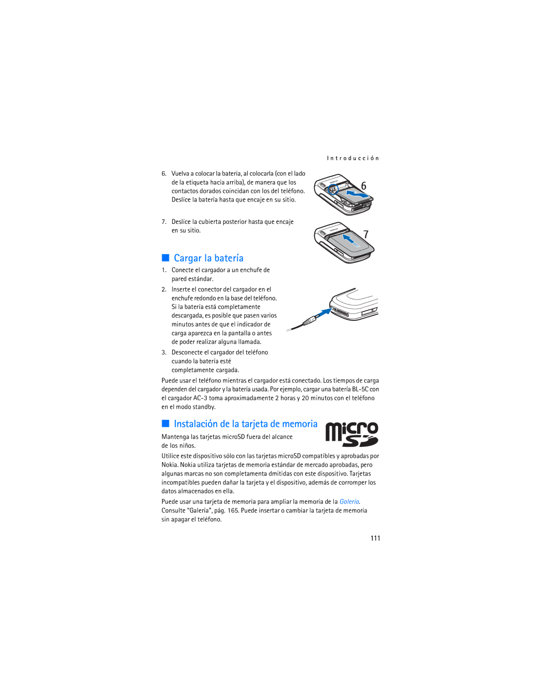 Nokia 6086i manual Cargar la batería, Instalación de la tarjeta de memoria, 111 