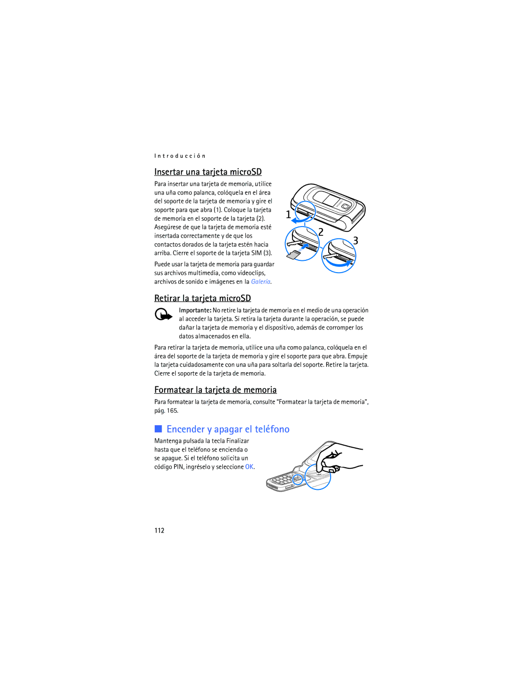 Nokia 6086i manual Encender y apagar el teléfono, Insertar una tarjeta microSD, Retirar la tarjeta microSD, 112 