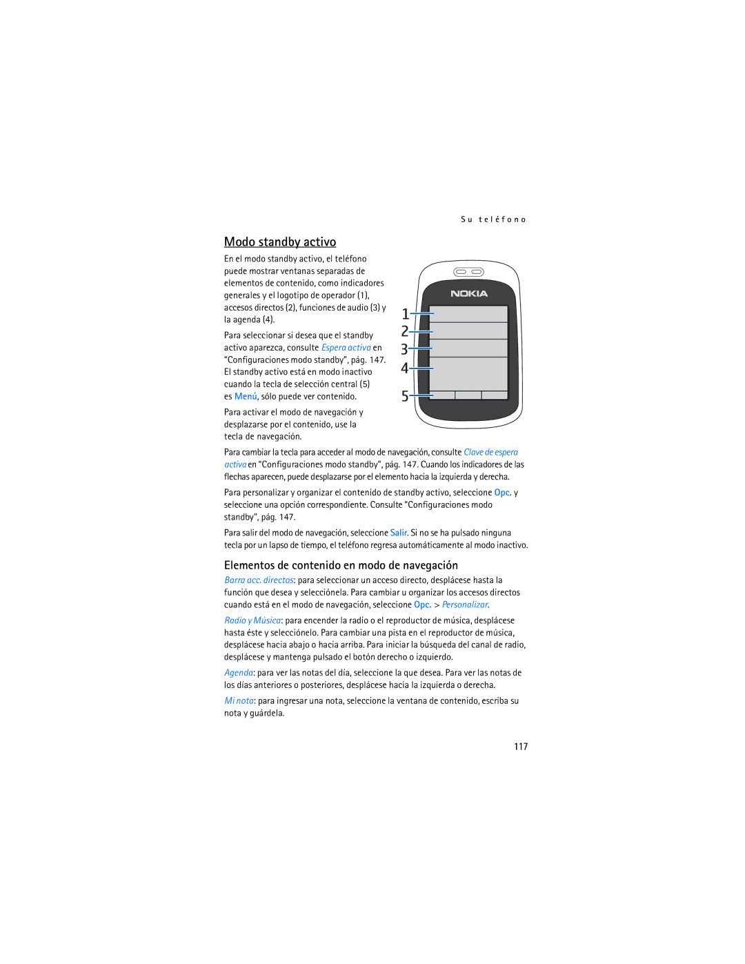 Nokia 6086i Modo standby activo, Elementos de contenido en modo de navegación, 117, Es Menú, sólo puede ver contenido 