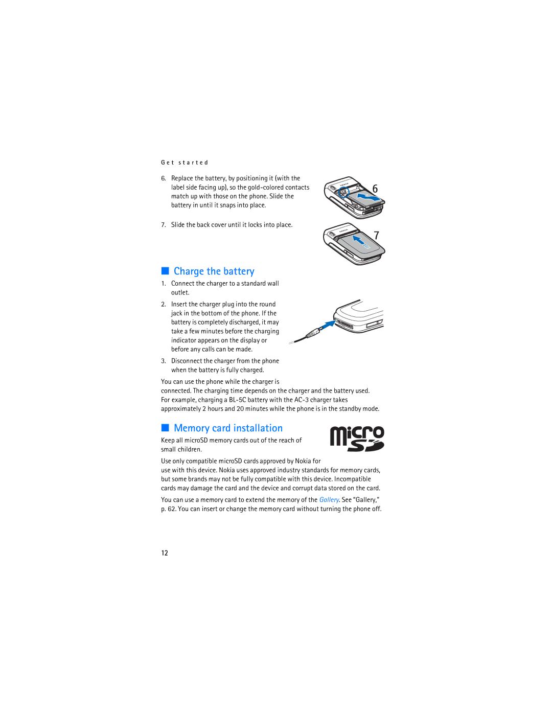 Nokia 6086i manual Charge the battery, Memory card installation, Slide the back cover until it locks into place 