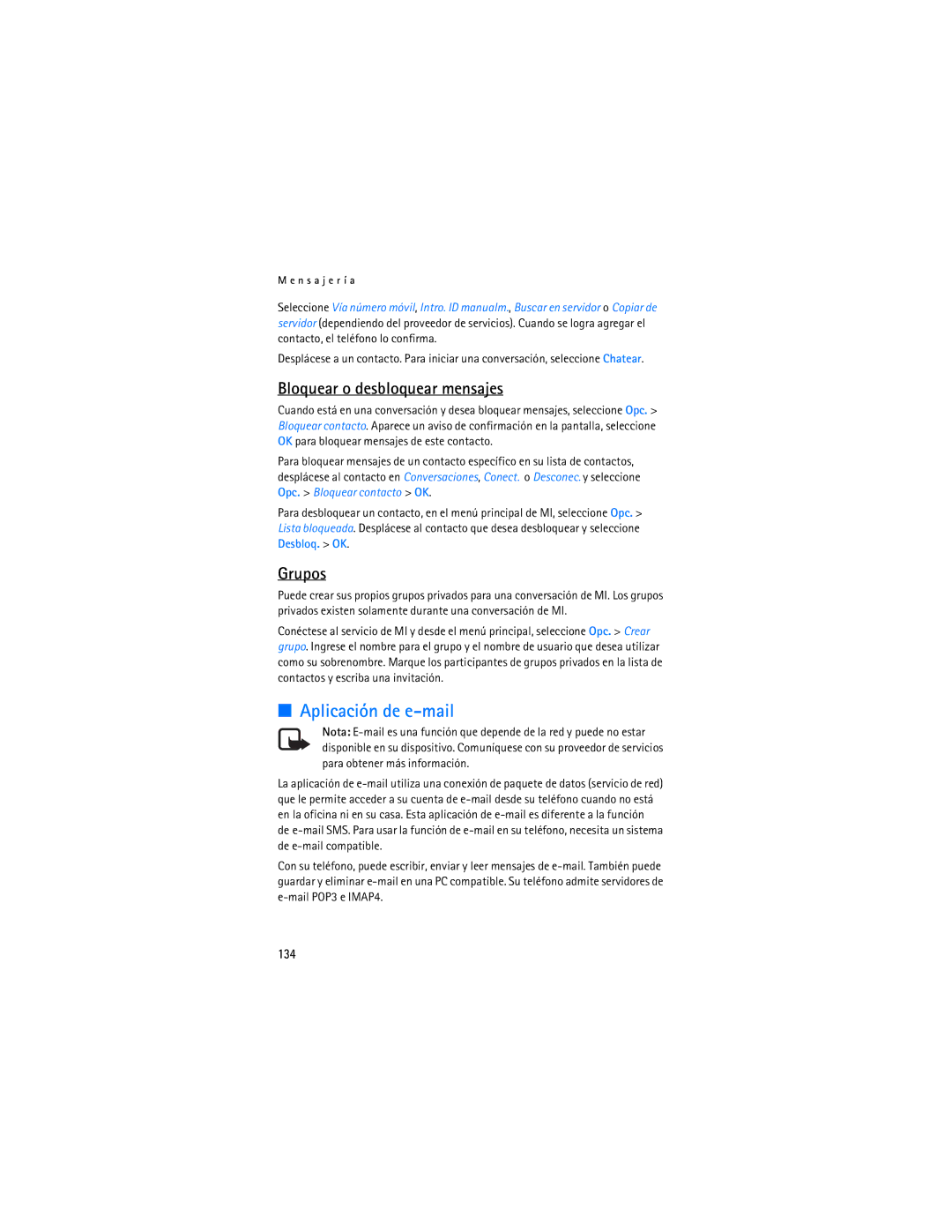Nokia 6086i manual Aplicación de e-mail, Bloquear o desbloquear mensajes, Grupos, 134 