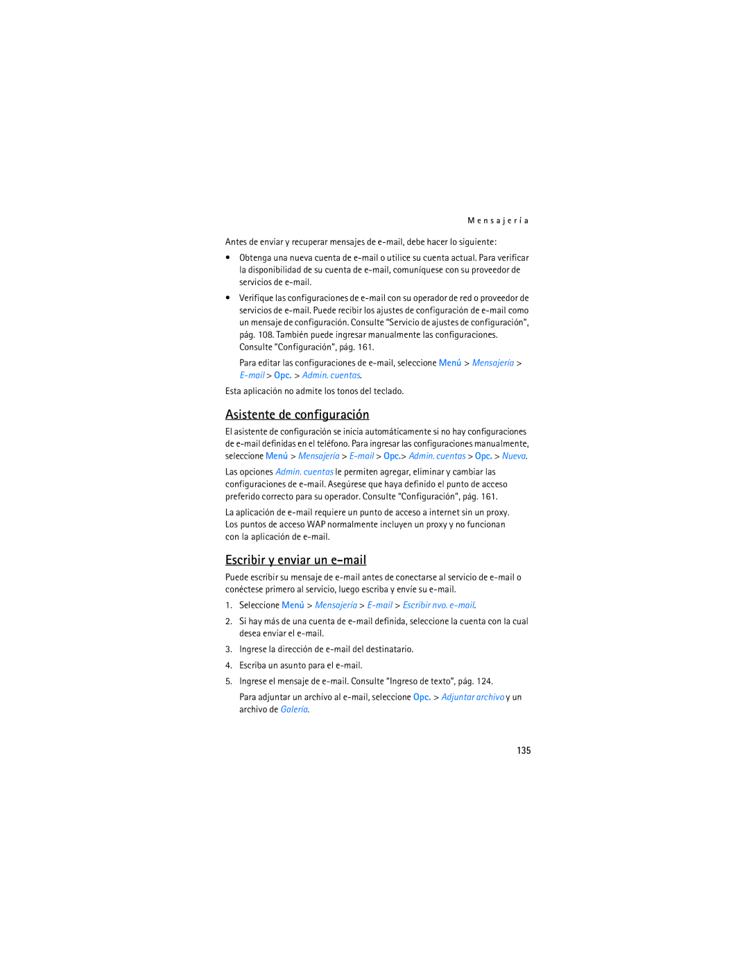 Nokia 6086i manual Asistente de configuración, Escribir y enviar un e-mail, 135 