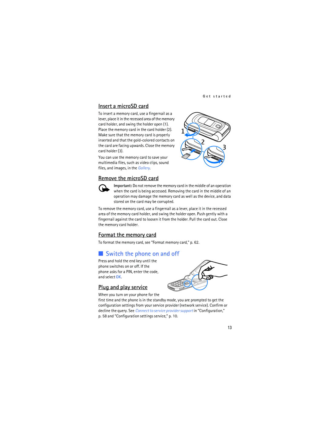 Nokia 6086i manual Switch the phone on and off, Insert a microSD card, Remove the microSD card, Format the memory card 