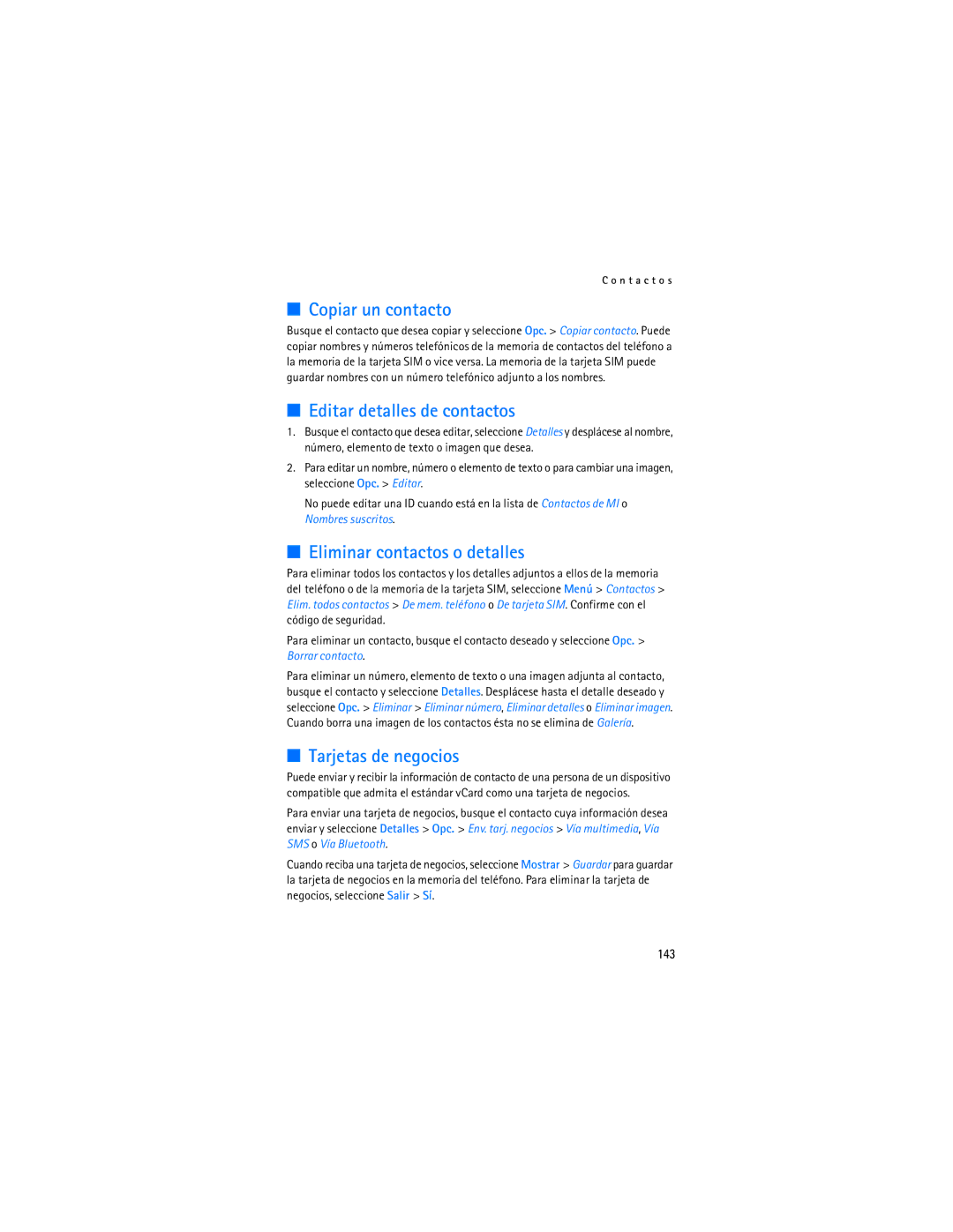 Nokia 6086i Copiar un contacto, Editar detalles de contactos, Eliminar contactos o detalles, Tarjetas de negocios, 143 