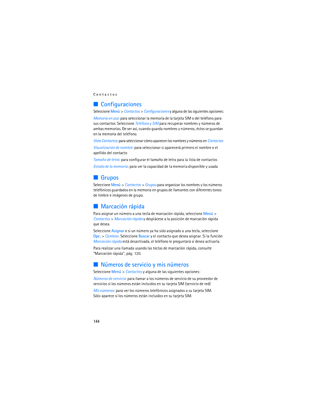 Nokia 6086i manual Configuraciones, Grupos, Números de servicio y mis números, 144 