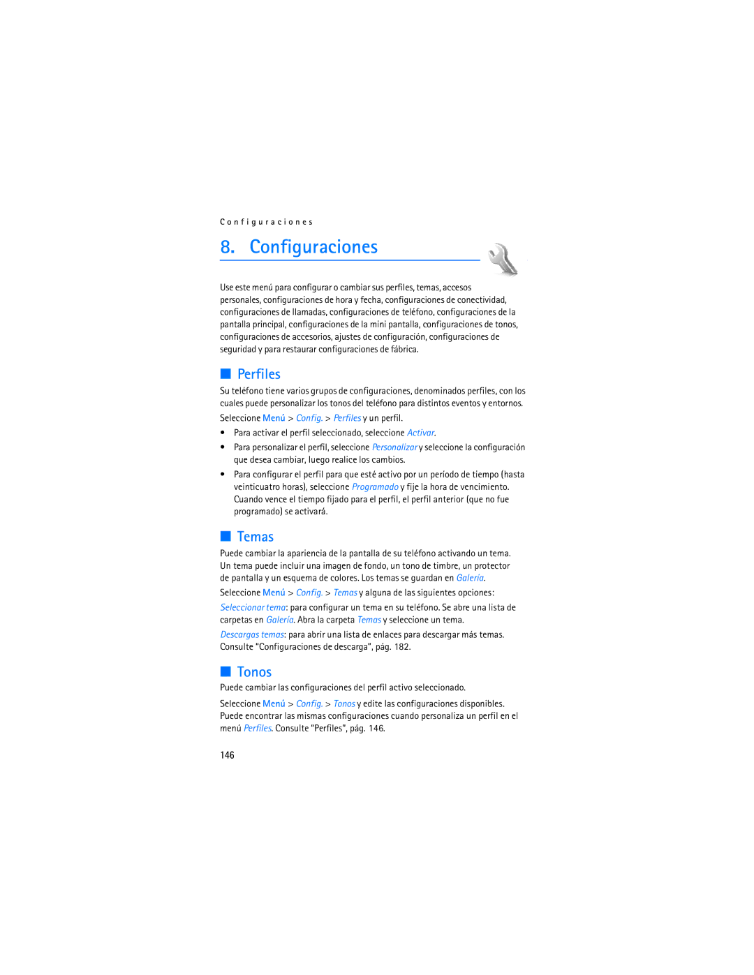 Nokia 6086i manual Configuraciones, Perfiles, Temas, Tonos, 146 