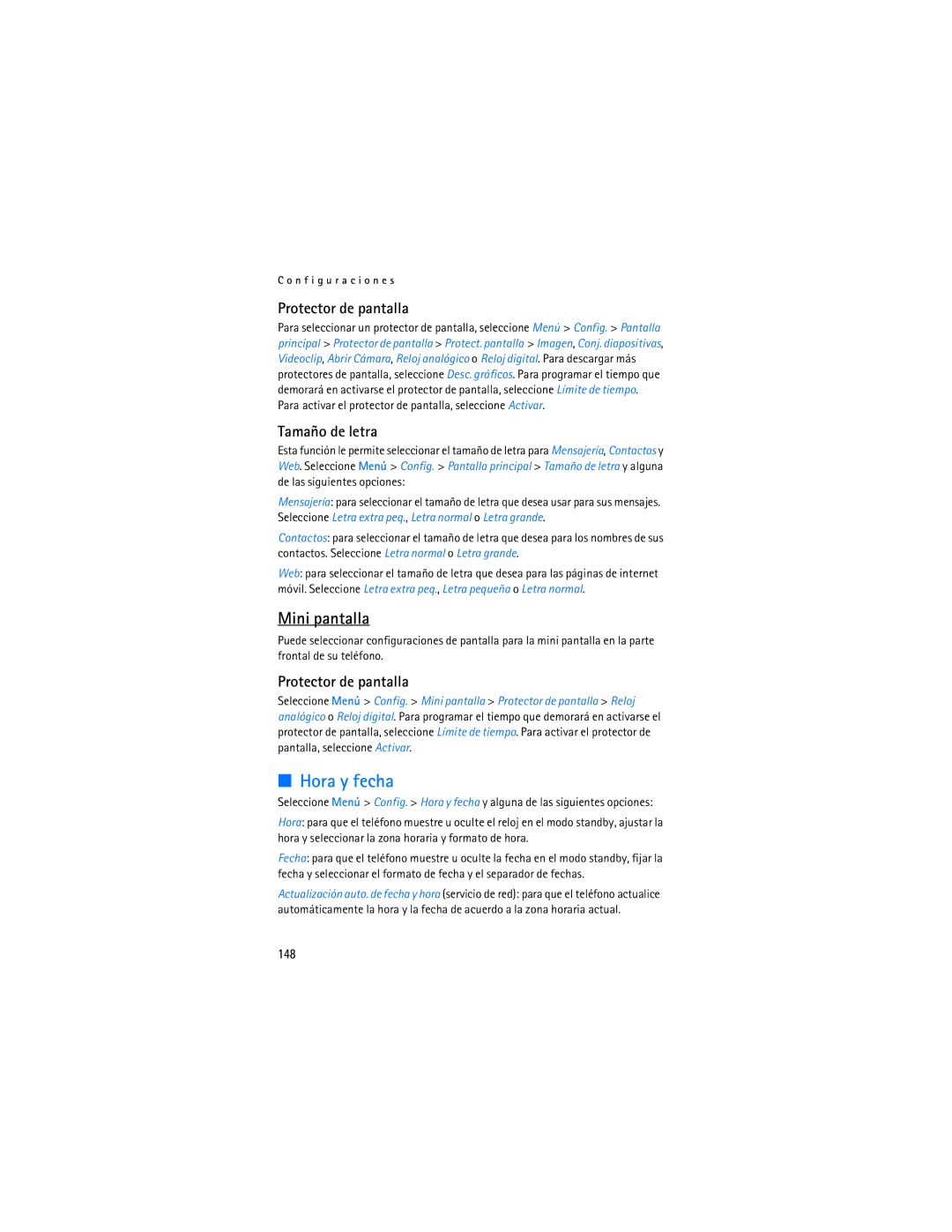 Nokia 6086i manual Hora y fecha, Mini pantalla, Protector de pantalla, Tamaño de letra, 148 