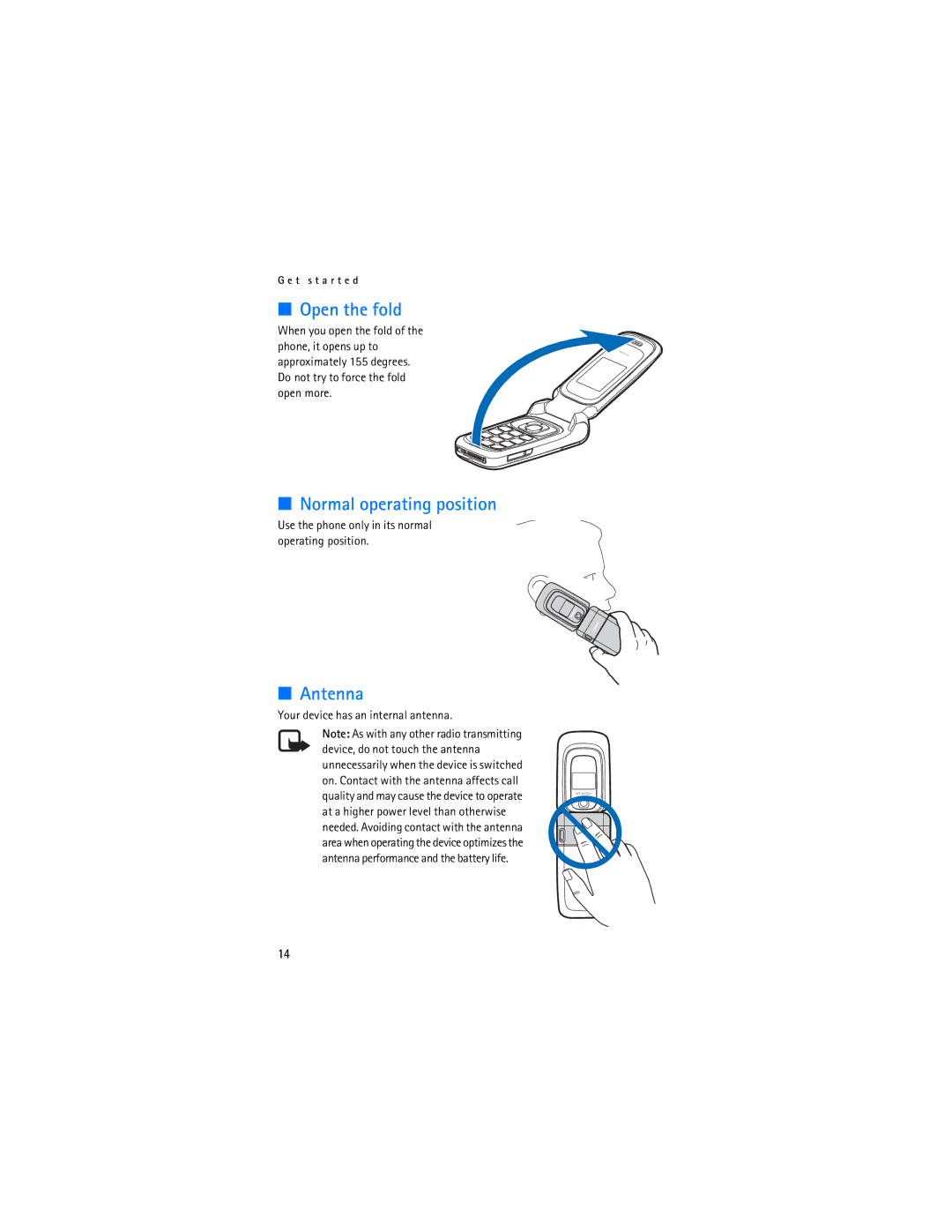 Nokia 6086i manual Open the fold, Normal operating position, Antenna, Use the phone only in its normal operating position 