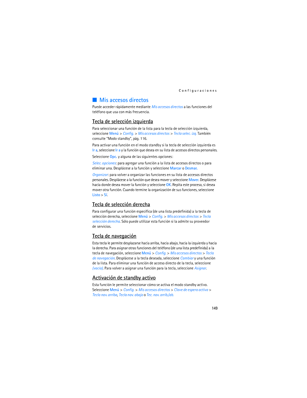 Nokia 6086i manual Mis accesos directos, Tecla de selección izquierda, Tecla de selección derecha, Tecla de navegación 