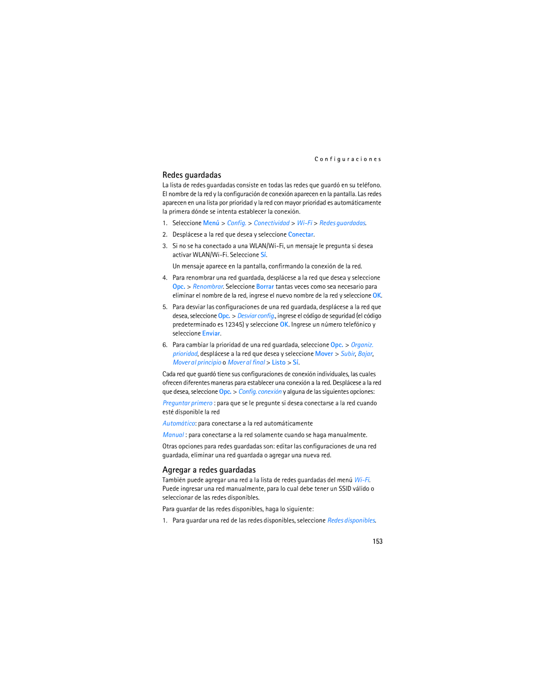 Nokia 6086i manual Agregar a redes guardadas, 153, Seleccione Menú Config. Conectividad Wi-Fi Redes guardadas 