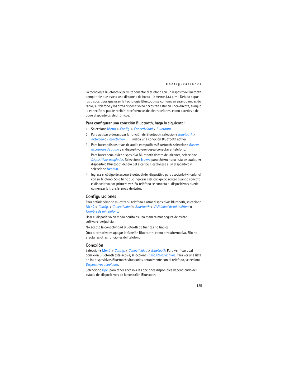 Nokia 6086i manual Conexión, Para configurar una conexión Bluetooth, haga lo siguiente, 155 