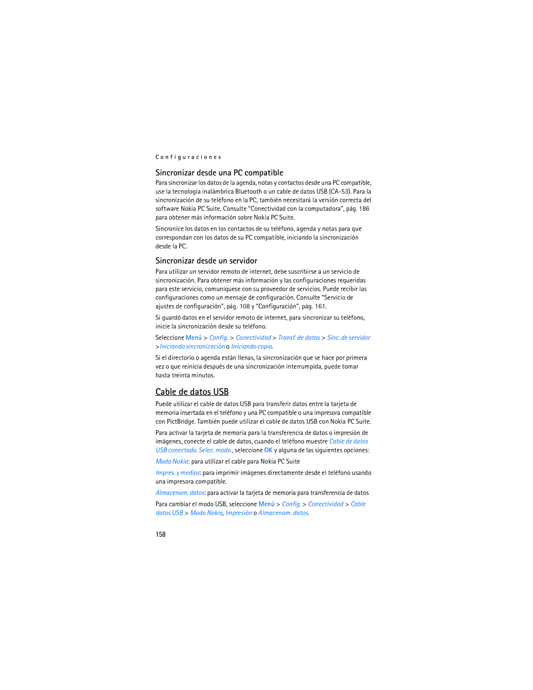 Nokia 6086i manual Cable de datos USB, Sincronizar desde una PC compatible, Sincronizar desde un servidor, 158 