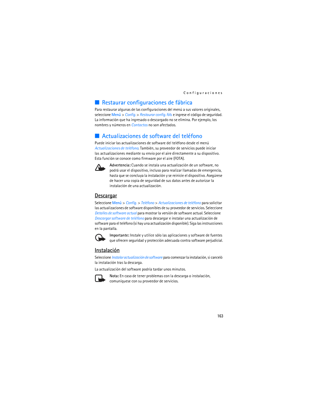 Nokia 6086i Restaurar configuraciones de fábrica, Actualizaciones de software del teléfono, Descargar, Instalación, 163 