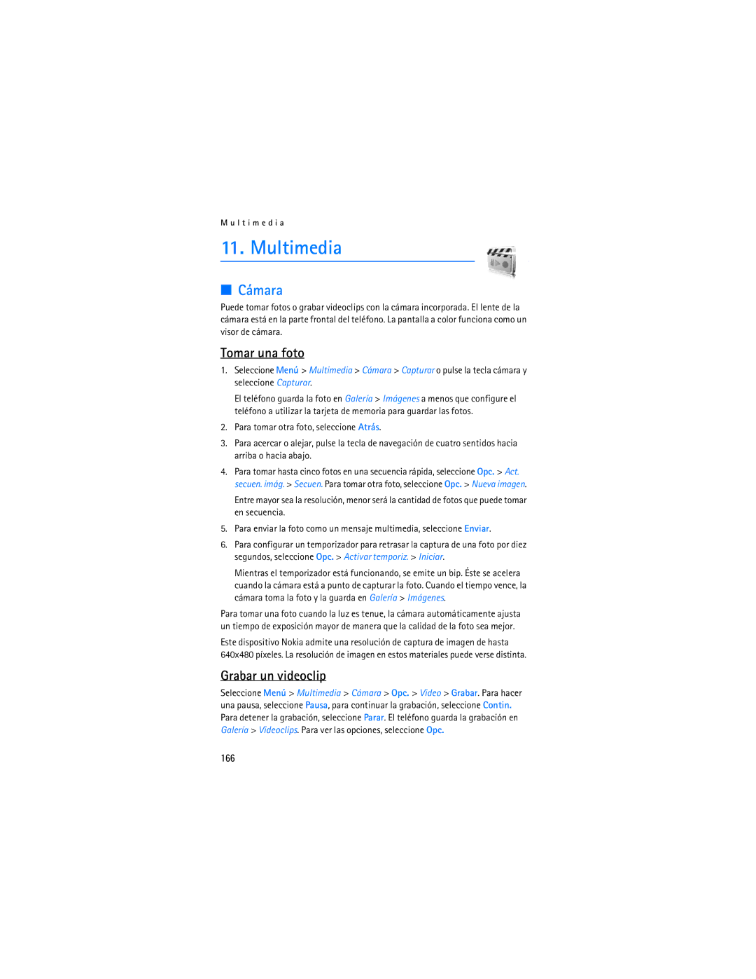 Nokia 6086i manual Multimedia, Cámara, Tomar una foto, Grabar un videoclip, 166 