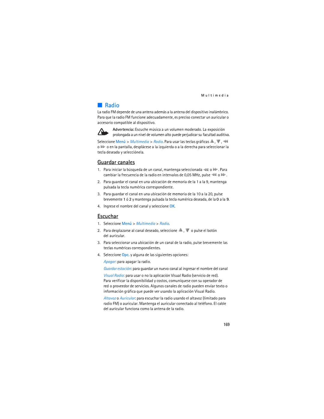 Nokia 6086i manual Guardar canales, Escuchar, 169, Ingrese el nombre del canal y seleccione OK 