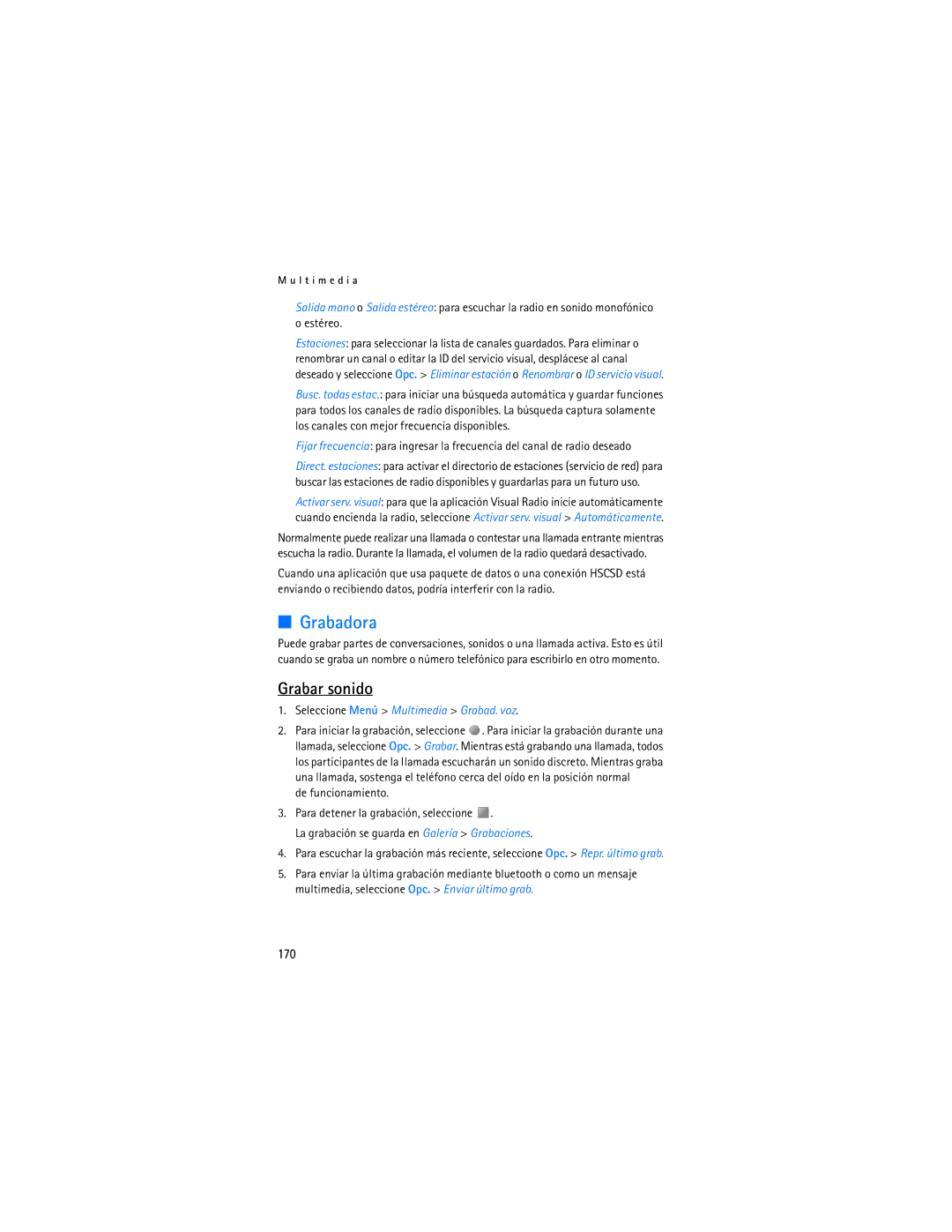 Nokia 6086i manual Grabadora, Grabar sonido, 170, Seleccione Menú Multimedia Grabad. voz 