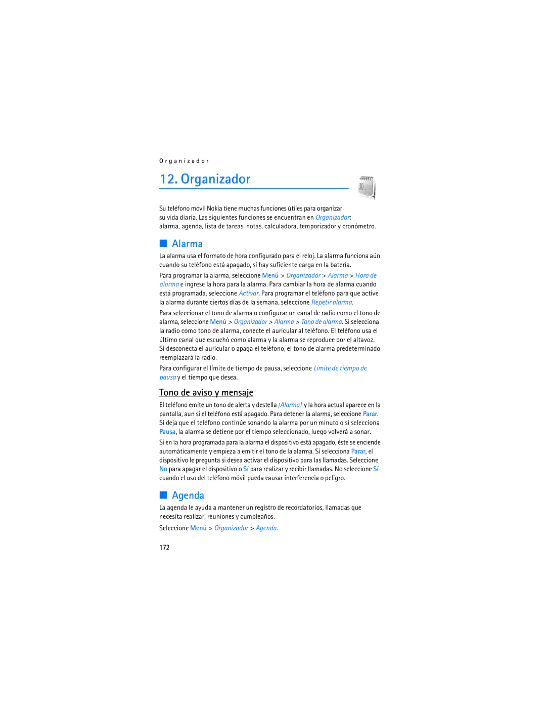 Nokia 6086i manual Organizador, Alarma, Agenda, Tono de aviso y mensaje, 172 