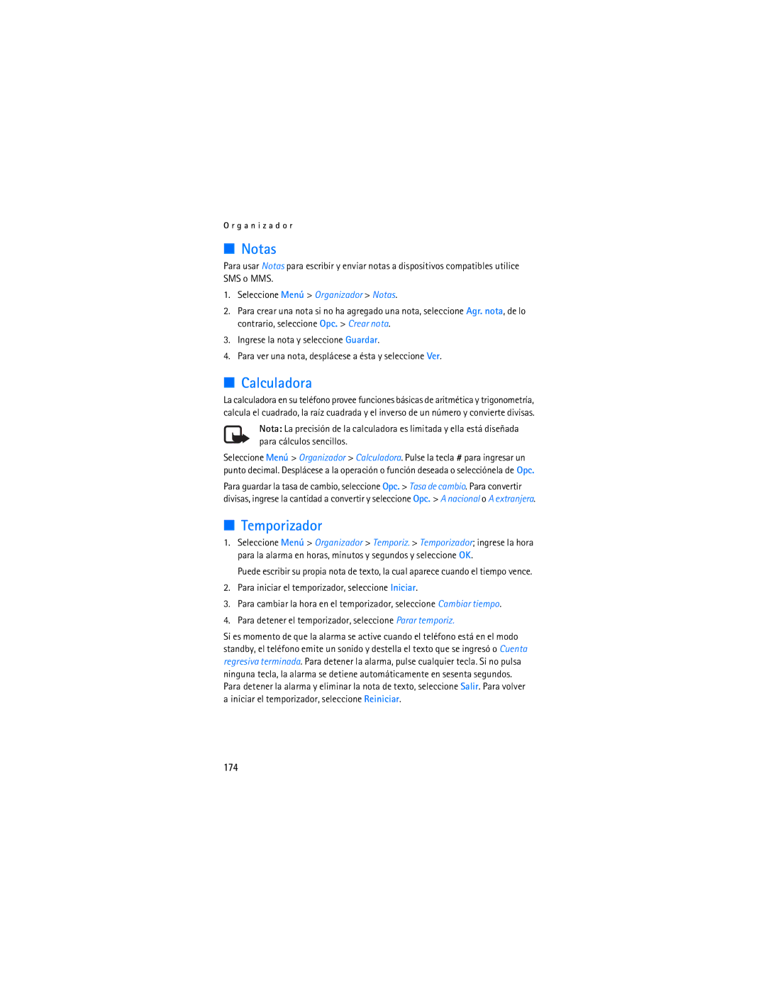 Nokia 6086i manual Calculadora, Temporizador, 174, Seleccione Menú Organizador Notas 
