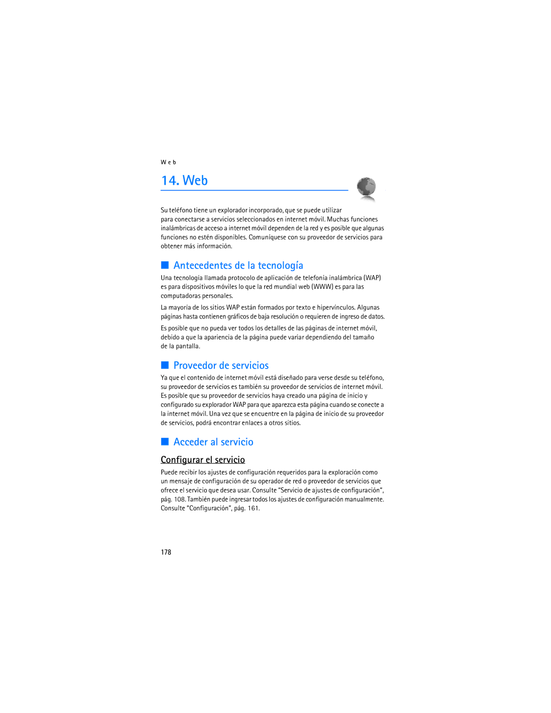 Nokia 6086i manual Antecedentes de la tecnología, Proveedor de servicios, Acceder al servicio, Configurar el servicio, 178 