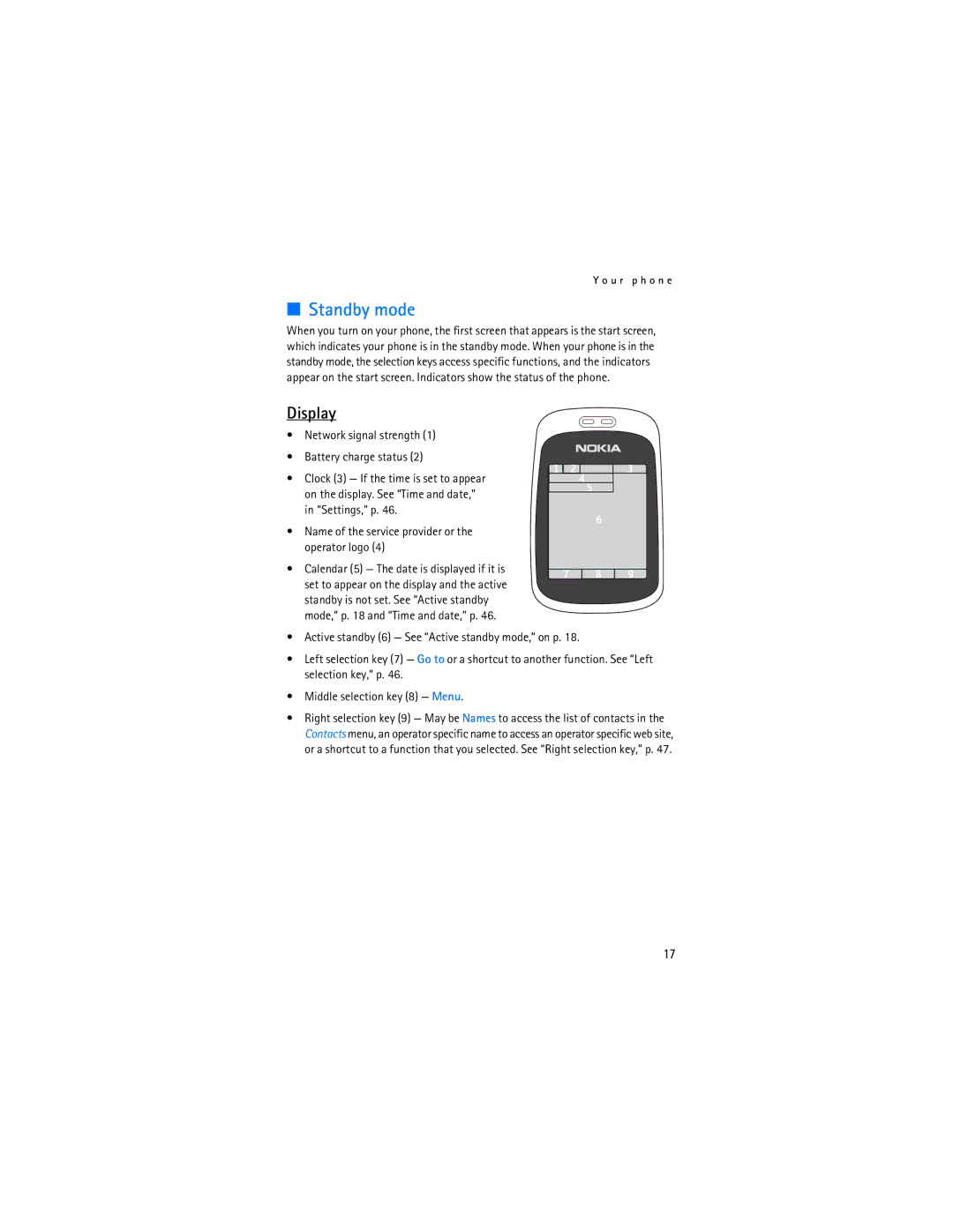 Nokia 6086i manual Standby mode, Display 