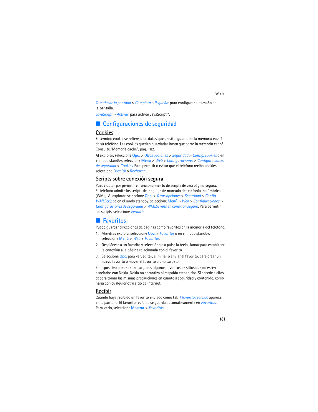 Nokia 6086i manual Configuraciones de seguridad, Favoritos, Scripts sobre conexión segura, Recibir, 181 