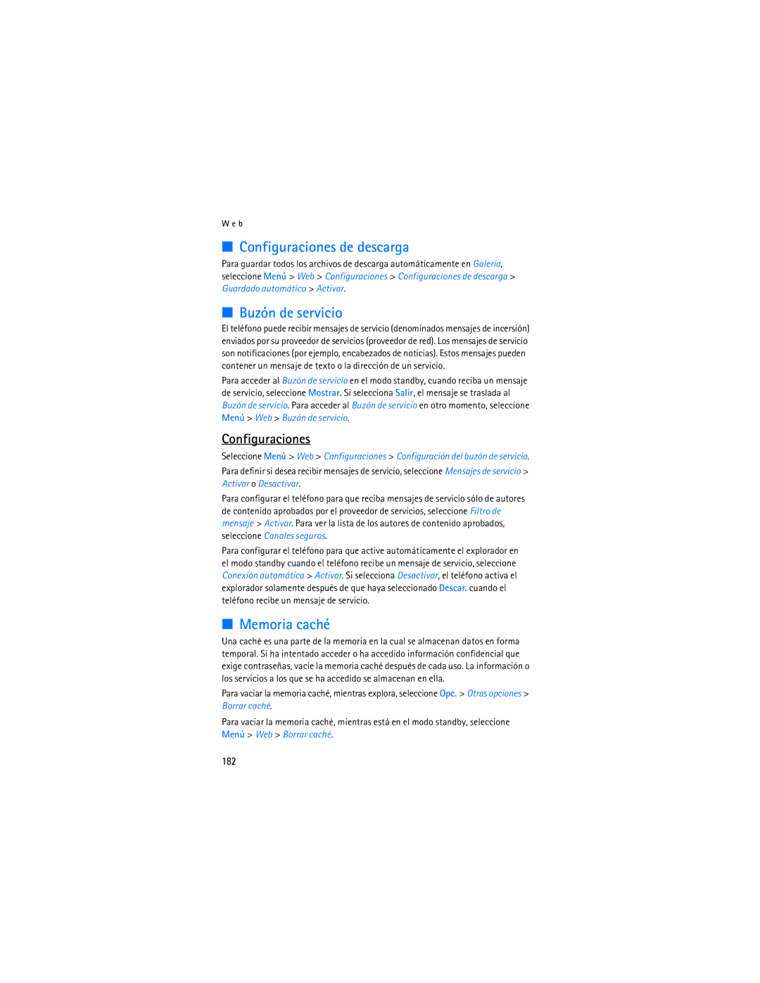 Nokia 6086i manual Configuraciones de descarga, Buzón de servicio, Memoria caché, 182 