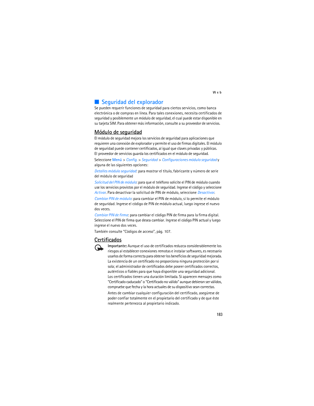 Nokia 6086i manual Seguridad del explorador, Módulo de seguridad, Certificados, 183 