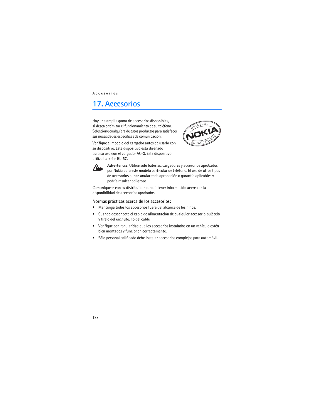 Nokia 6086i manual Accesorios, Normas prácticas acerca de los accesorios, 188 