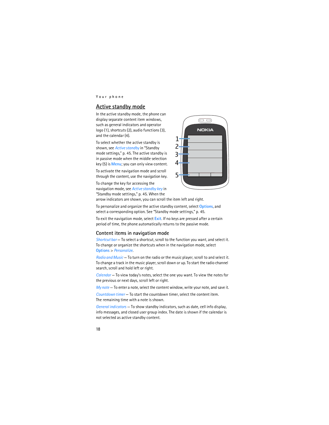 Nokia 6086i manual Active standby mode, Content items in navigation mode 