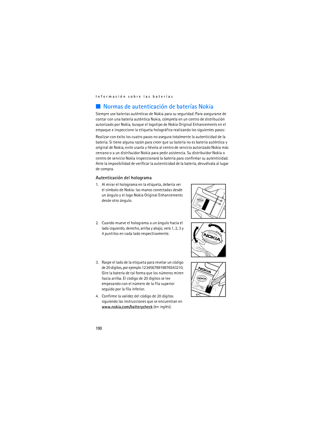 Nokia 6086i manual Normas de autenticación de baterías Nokia, Autenticación del holograma, 190 