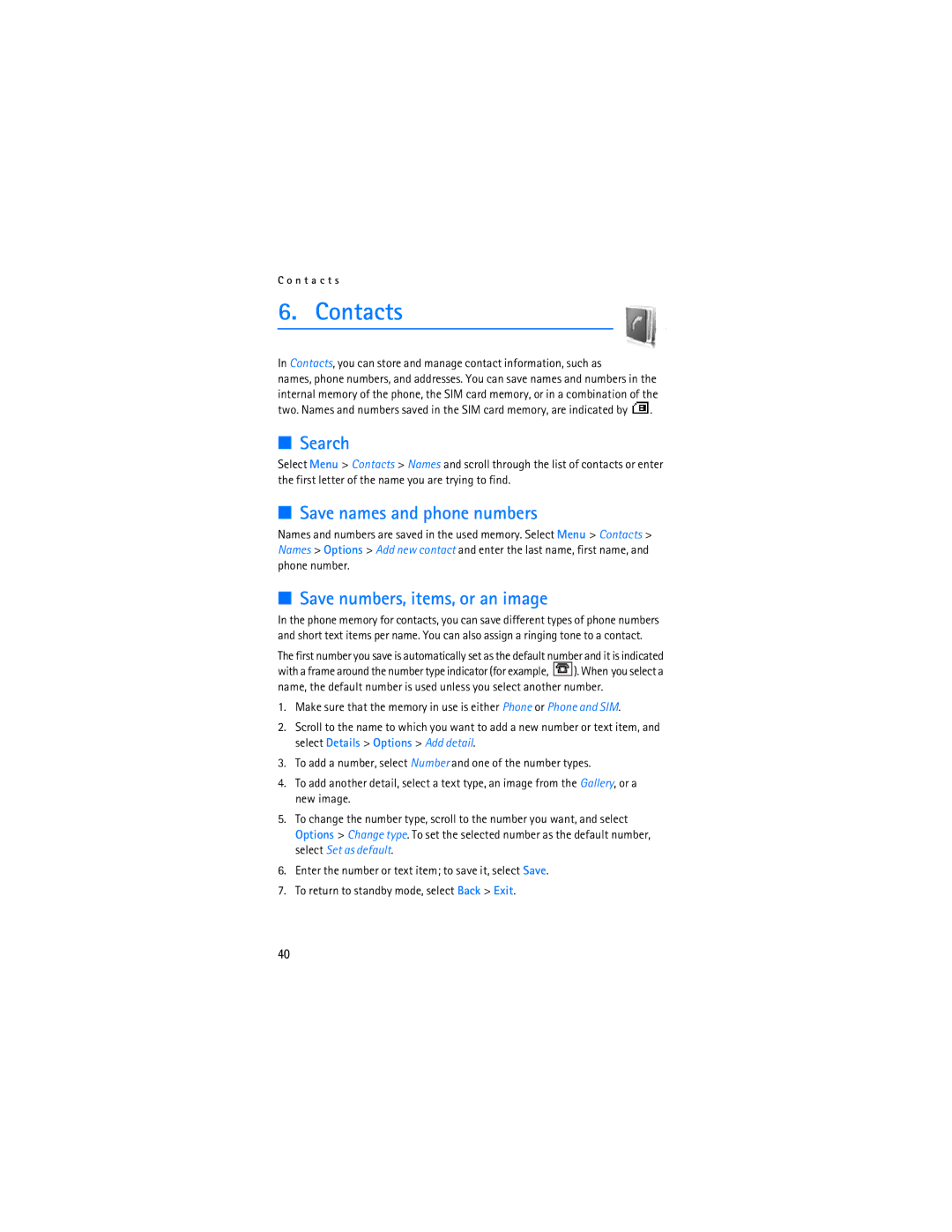 Nokia 6086i manual Contacts, Search, Save names and phone numbers, Save numbers, items, or an image 