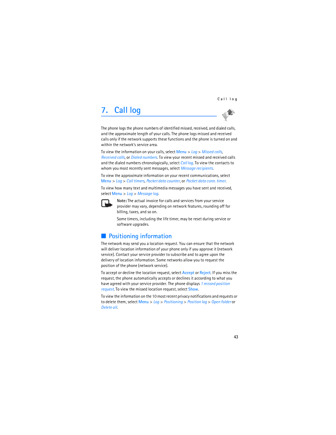 Nokia 6086i manual Call log, Positioning information 